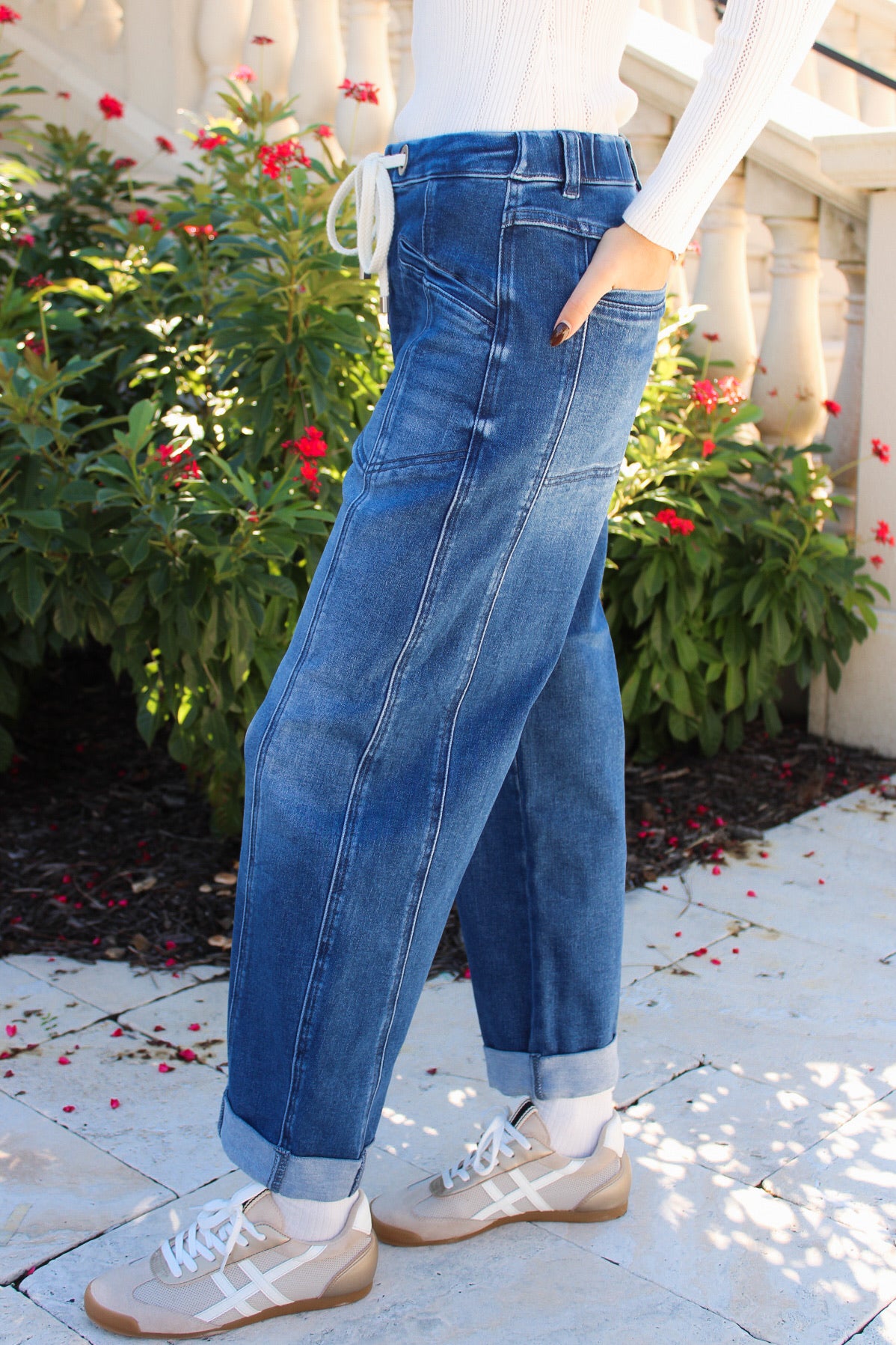 Brandy Slouchy Crop Barrel Drawstring Jeans - Dk Wash