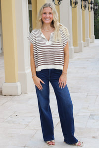 Cozy In The City Striped Sweater - Ecru/Brown