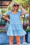 Dancing In Denim Tiered Mini Dress - Lt. Denim | Makk Fashions