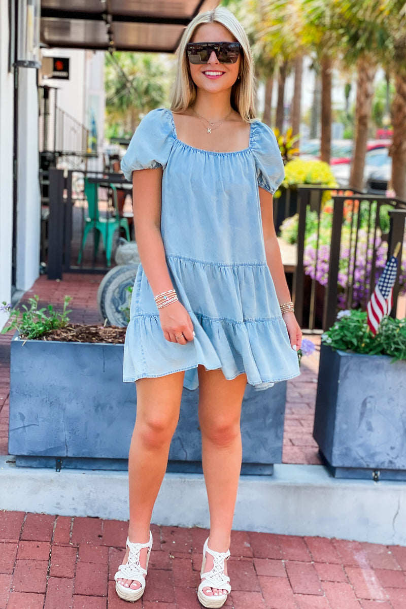 Dancing In Denim Tiered Mini Dress - Lt. Denim | Makk Fashions