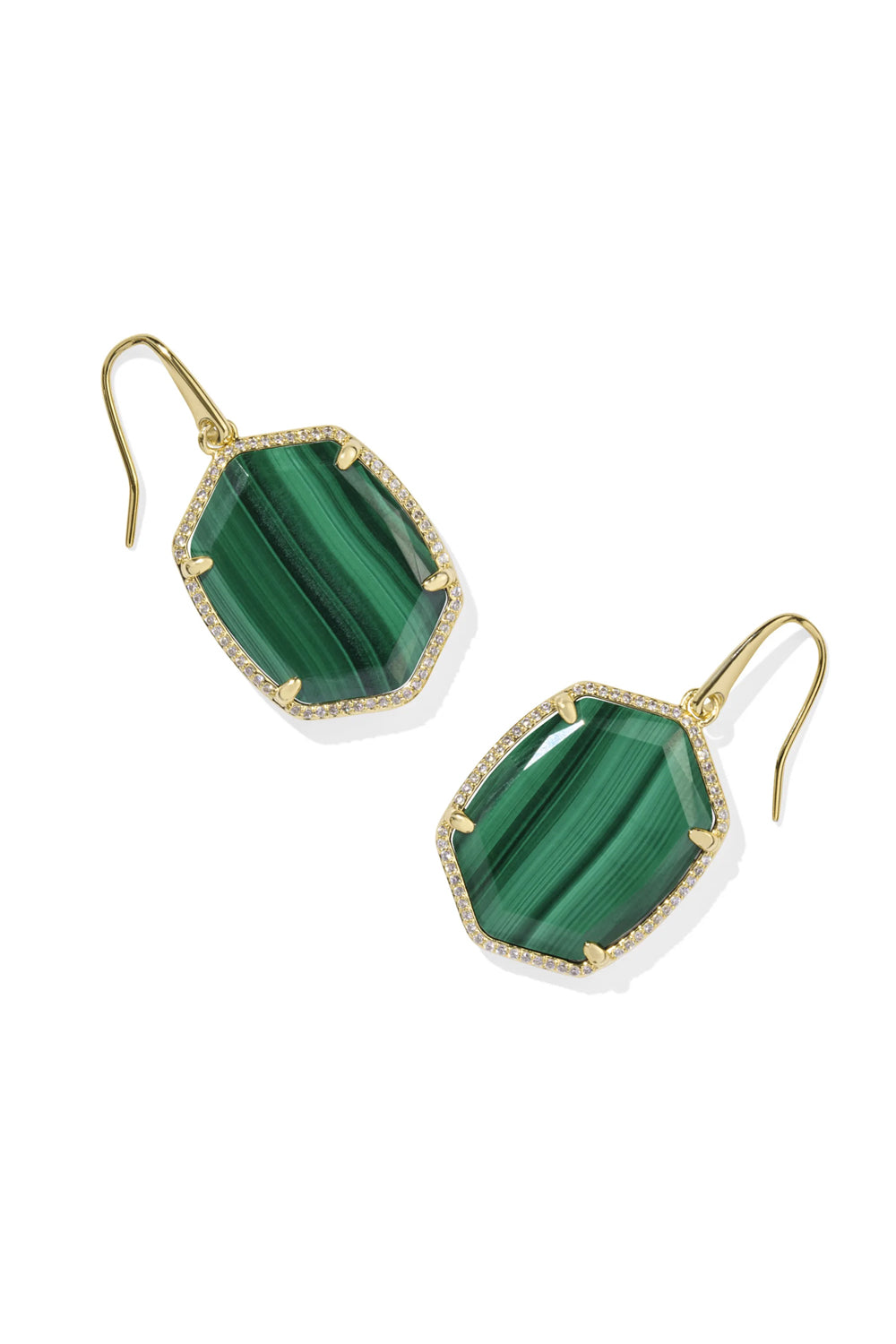 Kendra Scott: Daphne Gold Pave Frame Drop Earrings - Green Malachite | Makk Fashions