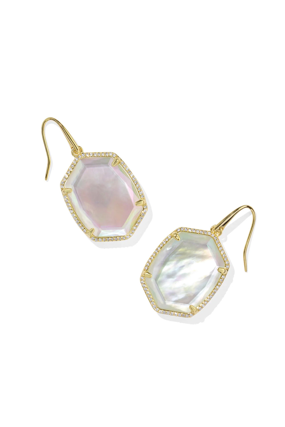 Kendra Scott: Daphne Gold Pave Frame Drop Earrings - Iridescent Ivory Illusion | Makk Fashions