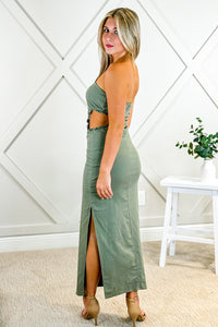 Date Night Out Linen Midi Dress - Olive | Makk Fashions