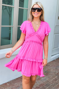 Delightful Days V-Neck Ruffle  Dress - Bubblegum | Makk Fashions