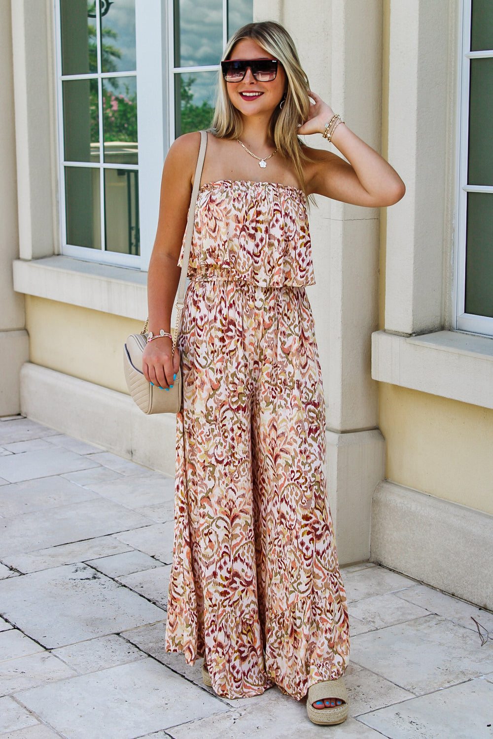 Dreaming Of You Strapless Ruffled Jumpsuit - Coral Multi | Makk Fashions