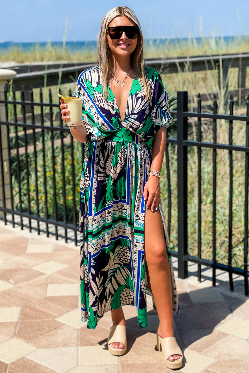 Dreaming of Paradise Tropical Print Empire Waist Maxi Dress- Navy/Green | Makk Fashions