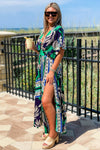 Dreaming of Paradise Tropical Print Empire Waist Maxi Dress- Navy/Green | Makk Fashions