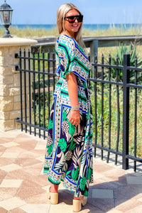 Dreaming of Paradise Tropical Print Empire Waist Maxi Dress- Navy/Green | Makk Fashions