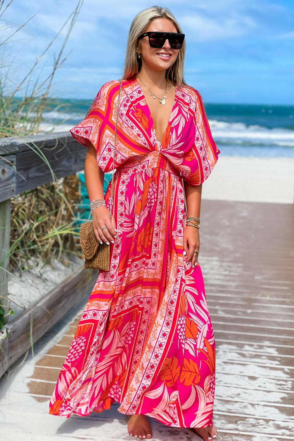Dreaming of Paradise Tropical Print Empire Waist Maxi Dress - Orange/Fuchsia | Makk Fashions