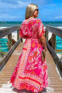 Dreaming of Paradise Tropical Print Empire Waist Maxi Dress - Orange/Fuchsia | Makk Fashions