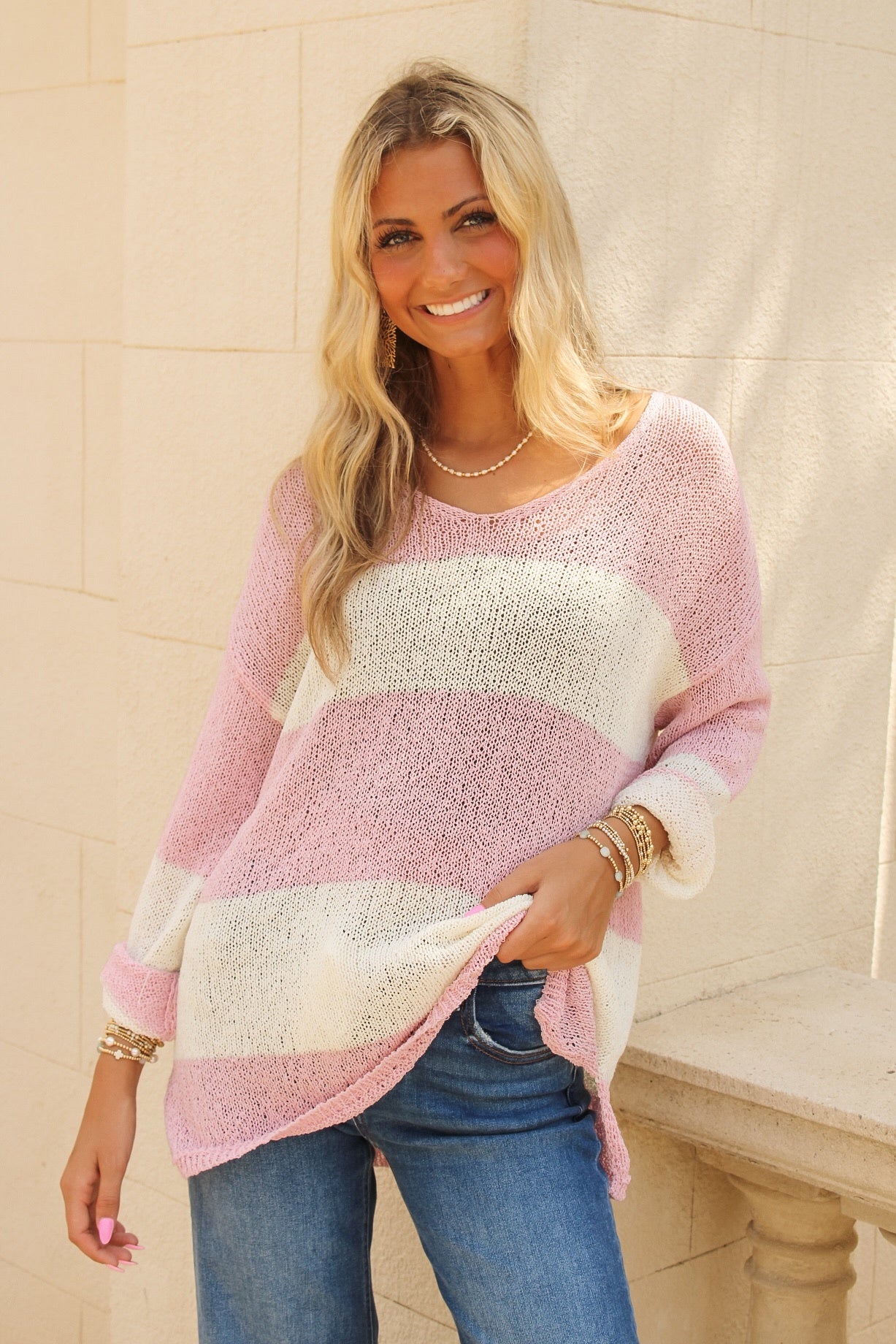 Sadie & Sage: Helen Stripe Sweater - Pink Ivory