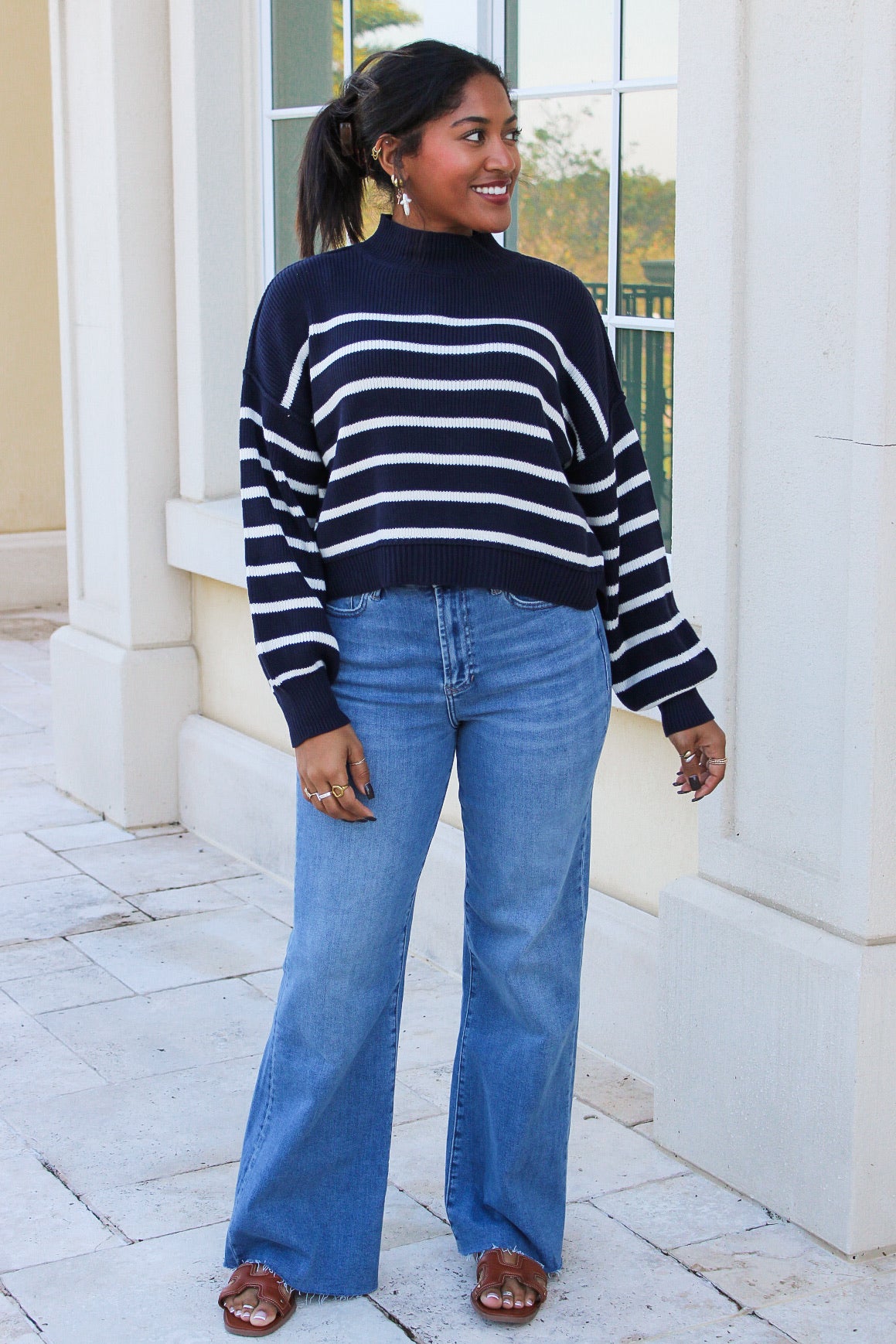 Cozier Times Striped Mock Neck Sweater - Navy – Makk Fashions