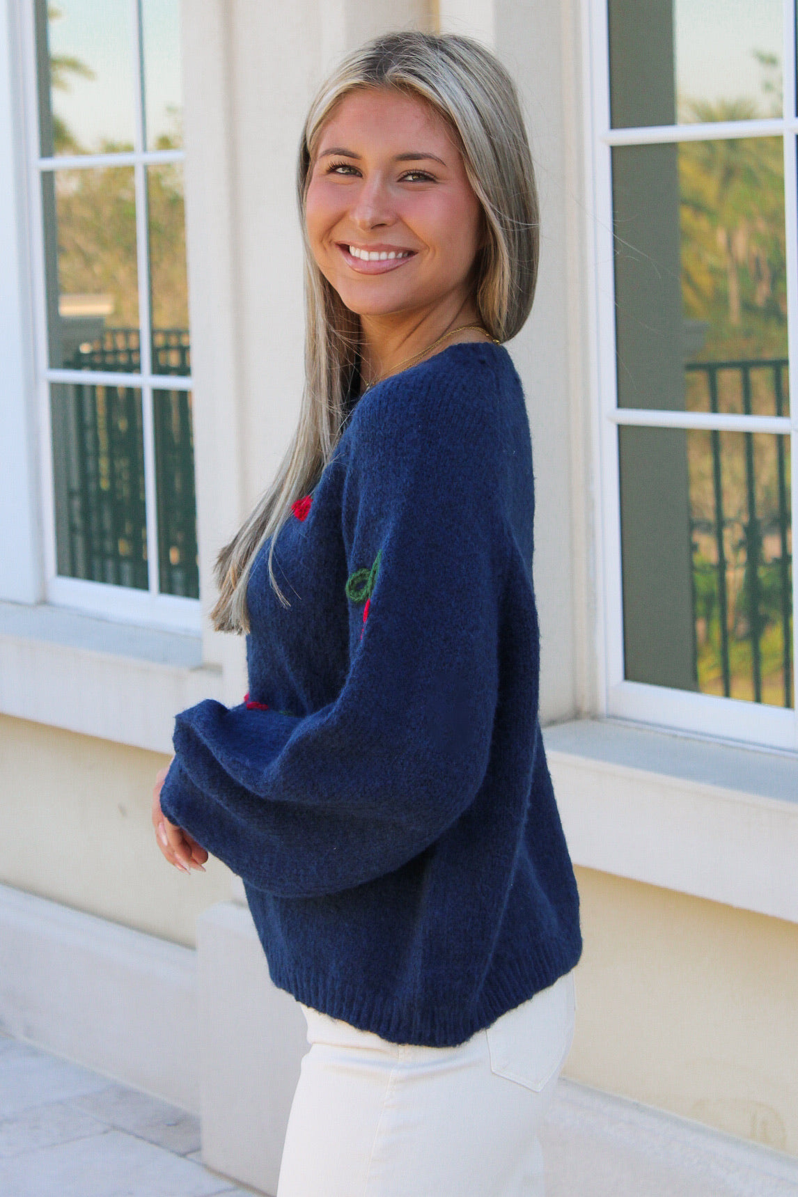Cherry Bliss Long Sleeve Sweater - Navy