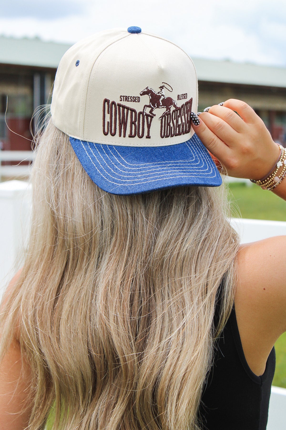 Cowboy Obsessed Embroidered Trucker Hat - Demin