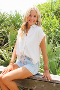 Seaside Air Collared Linen Top - White