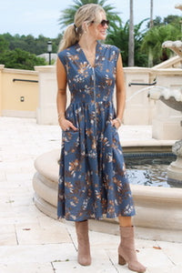 In Full Bloom Smocked Midi Dress - Dusty Blue