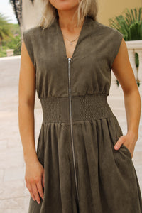 Autumn Avenue Smocked Midi Dress - Olive