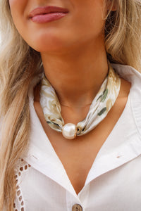 Large Pearl Printed Silk Scarf Necklace - Tan