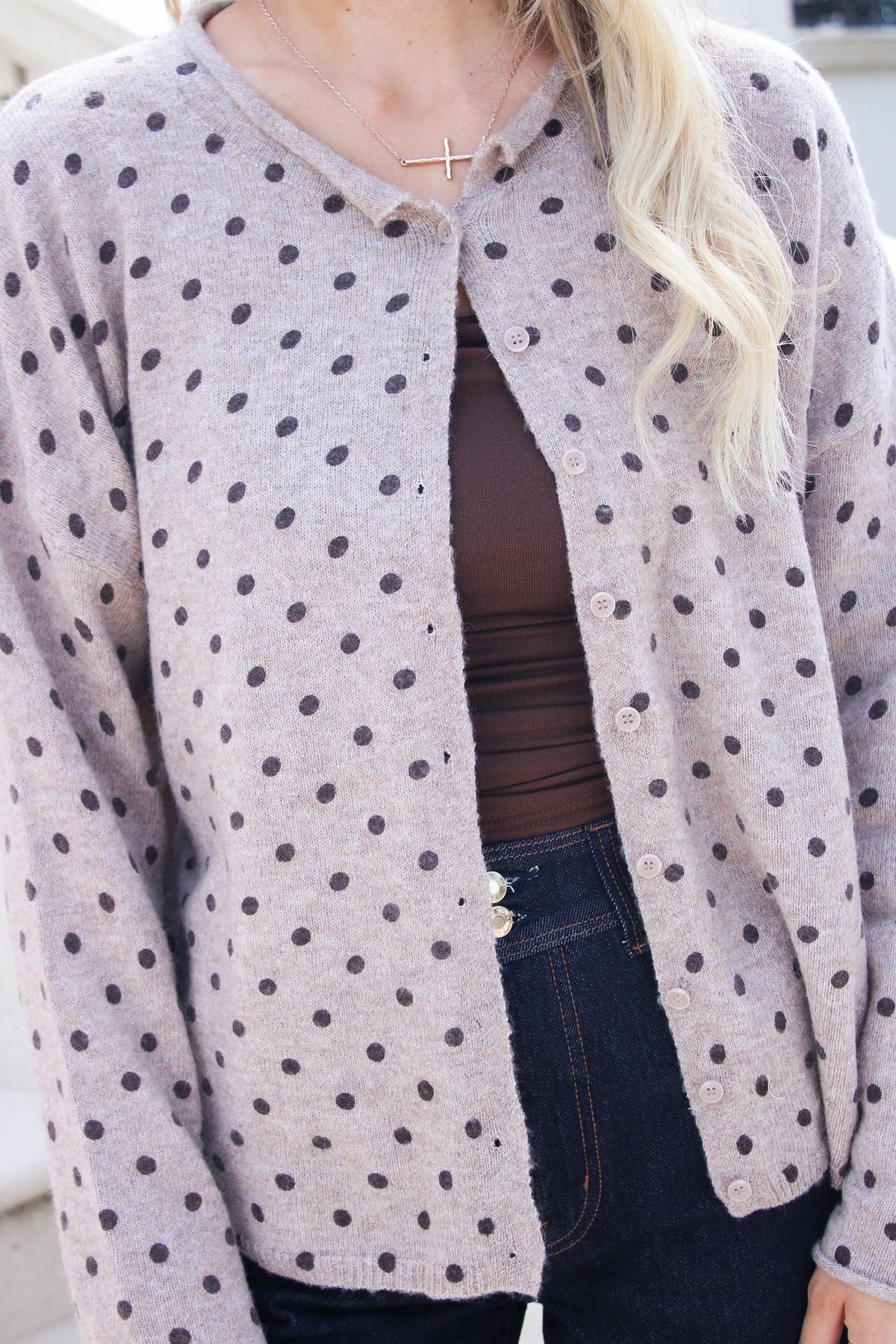 The Social Scene Polka Dot Cardigan - Lt Mocha