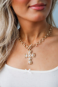 Pearl Studded Cross Necklace - Gold