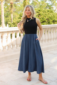Modern Muse Mock Neck Sleeveless Midi Dress - Black Combo