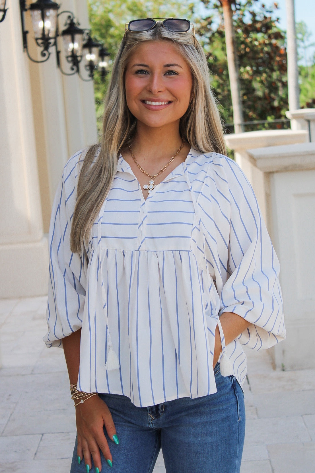 Chasing You Tie Front Striped Top - Blue
