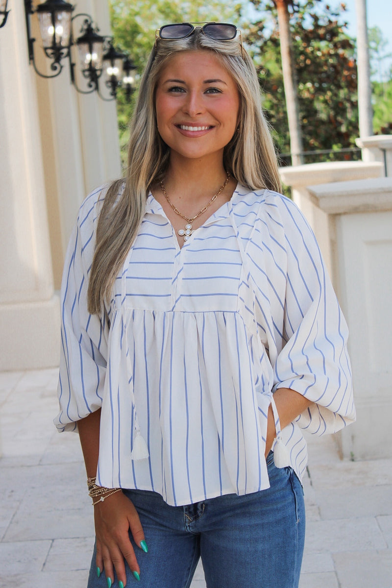 Chasing You Tie Front Striped Top - Blue