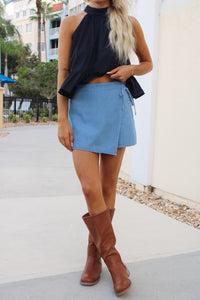 Victory Cheer Wrap Denim Mini Skort - Washed Denim