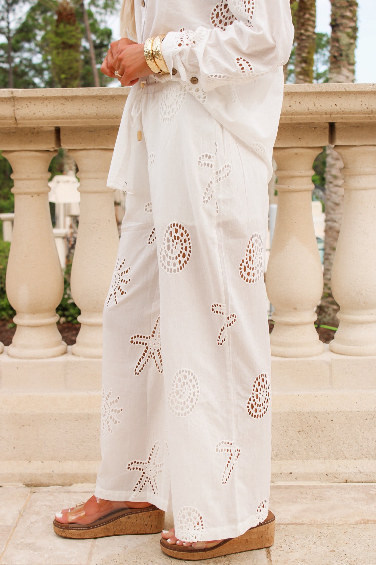 Surf Gypsy: Ocean Eyelet Wide Leg Pants - White