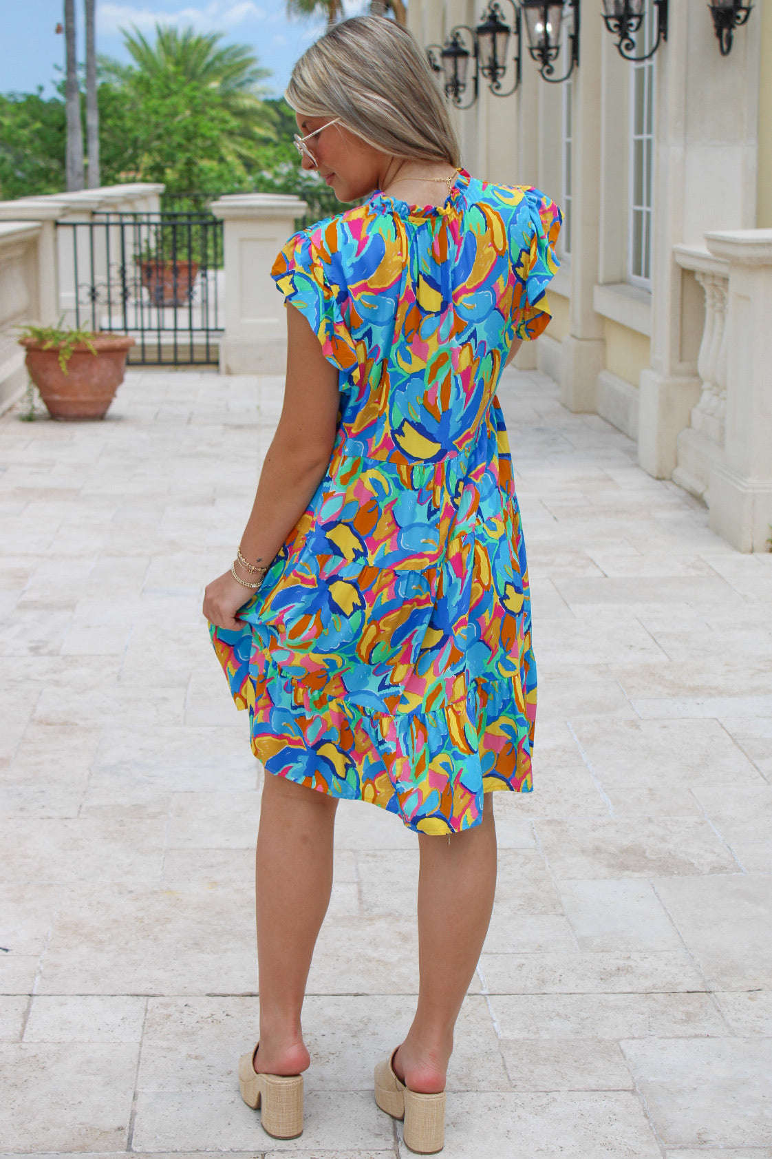 Vibrant Florals Tiered Mini Dress - Blue Multi