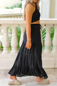 Cascading Days Smocked Maxi Skirt - Black