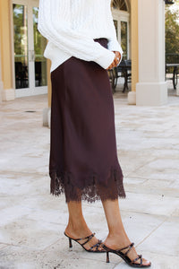 Modern Romance Satin Scalloped Lace Trim Midi Skirt - Brown