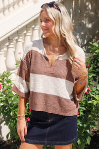 Cozy Dreams Striped Cropped Sweater - Oatmeal/Cocoa