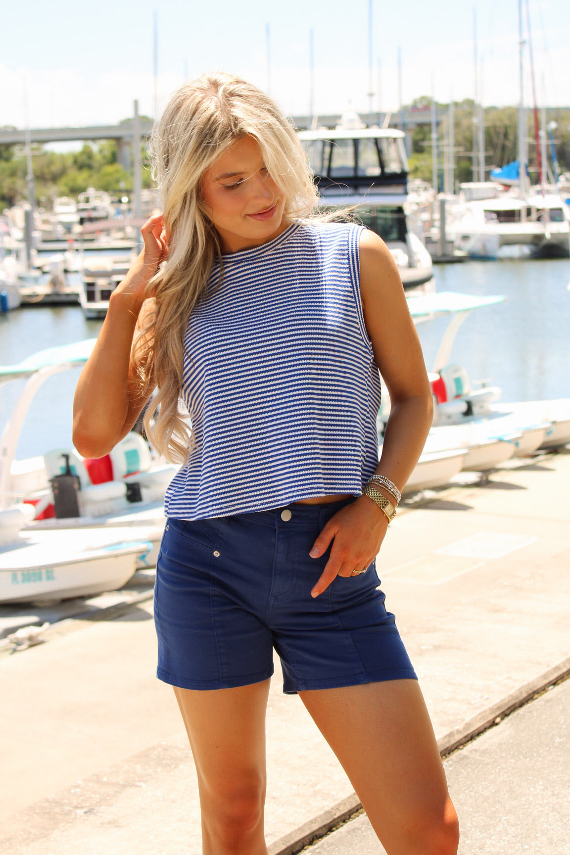 Sadie & Sage:  Palma Overlap Back Top - Blue/White