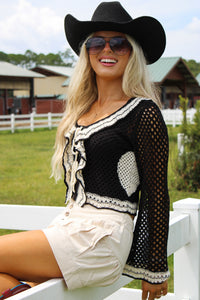 Boho Babe Crochet Tie Top - Black/Cream