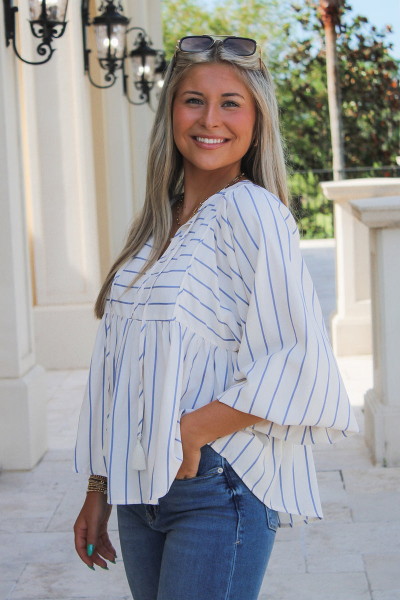 Chasing You Tie Front Striped Top - Blue