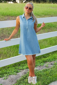 All My Desires Sleeveless Shirt Dress - Washed Denim