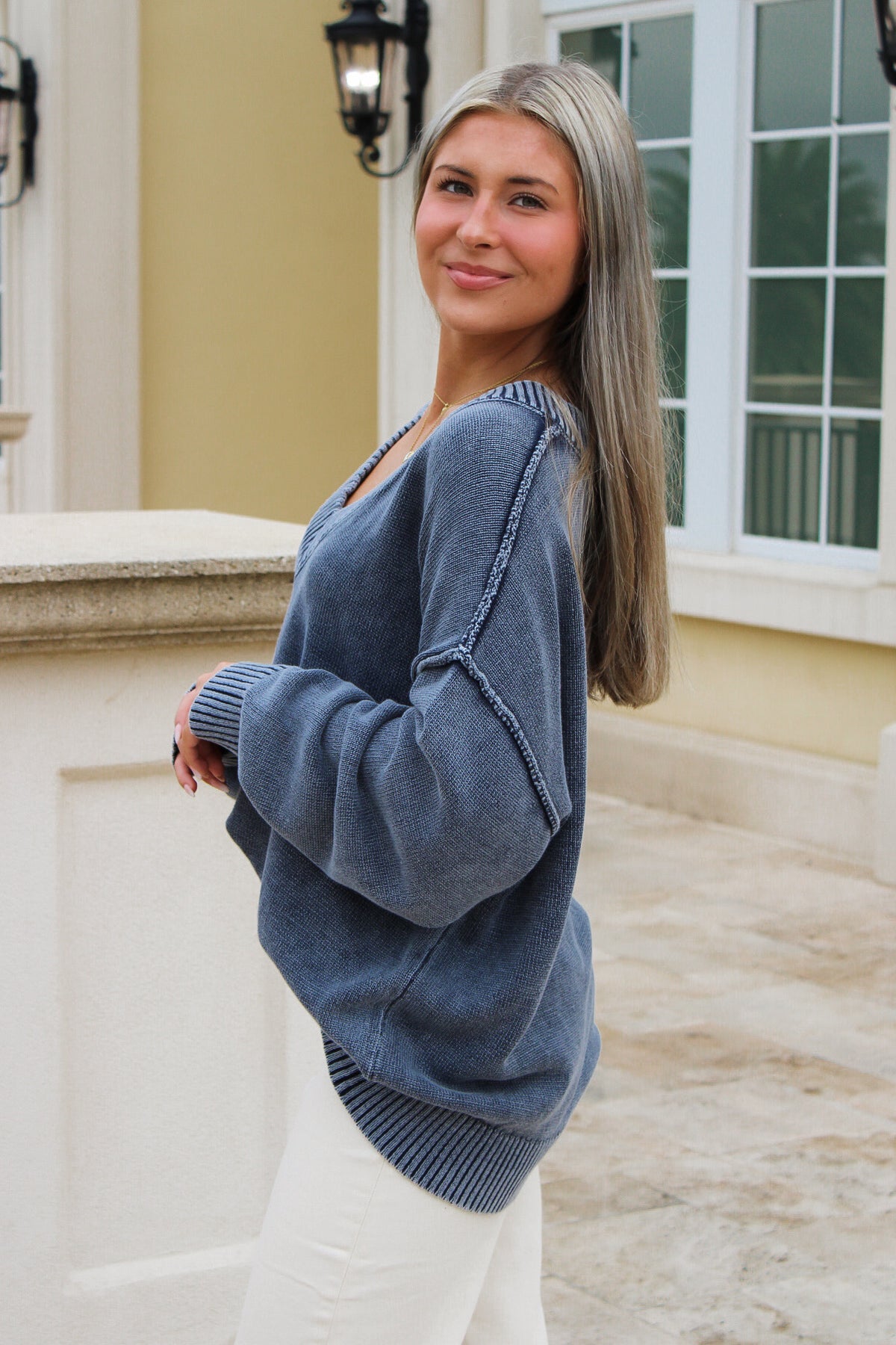 Dreamy Layers V-Neck Oversized Sweater - Navy