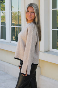 Angelina Cuff Spit Crew Neck Sweater - Camel