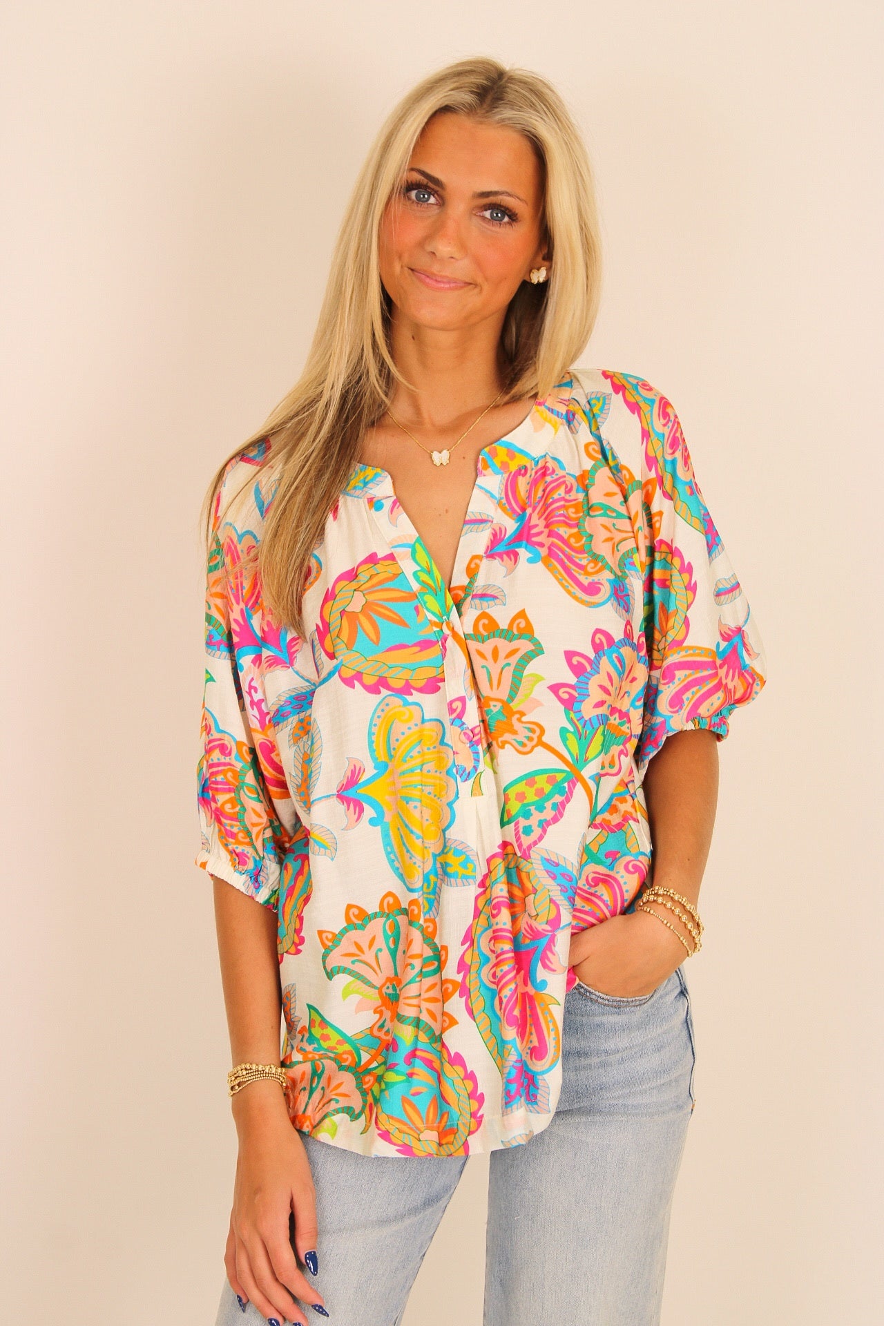 Spring Florals Split Neck Top - Multi