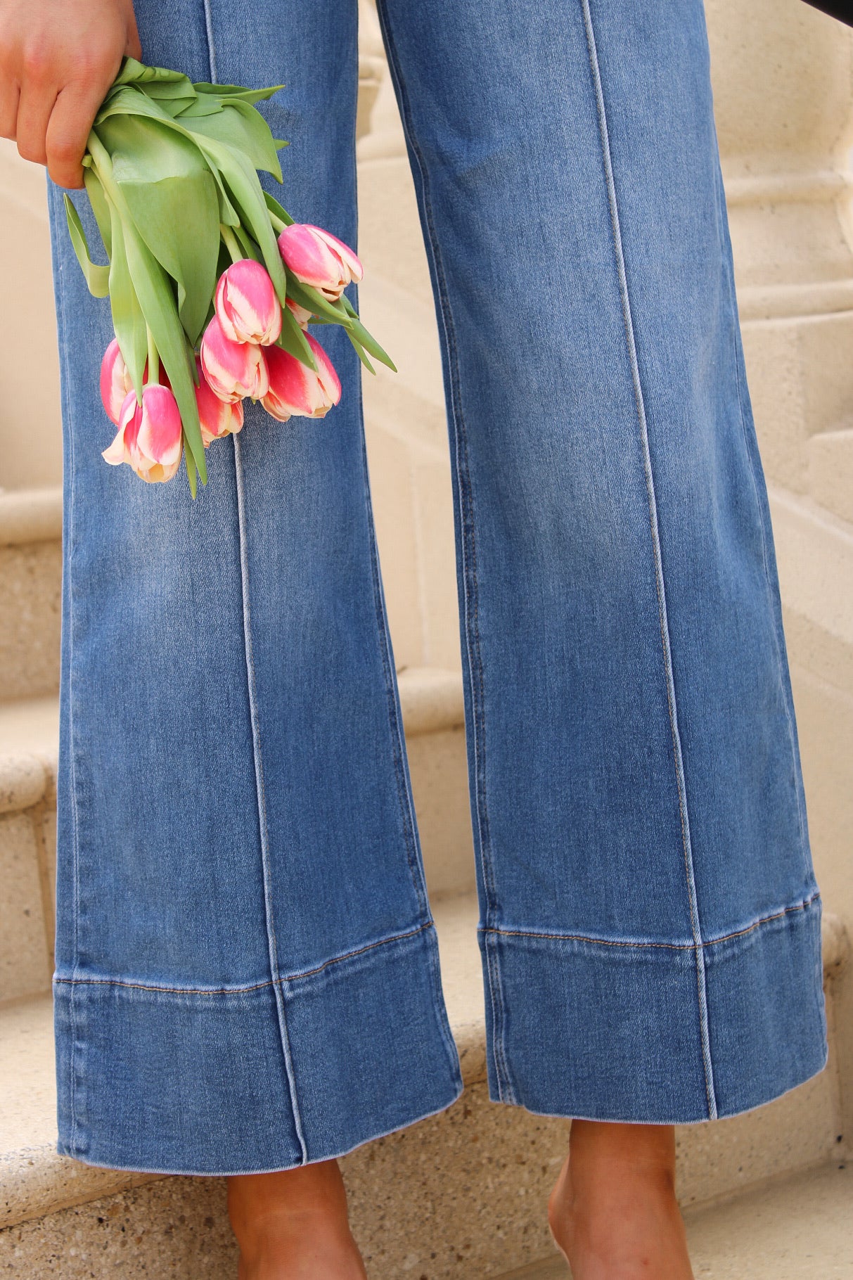 Victoria Wide Leg Pintuck Front Jeans - Med Wash