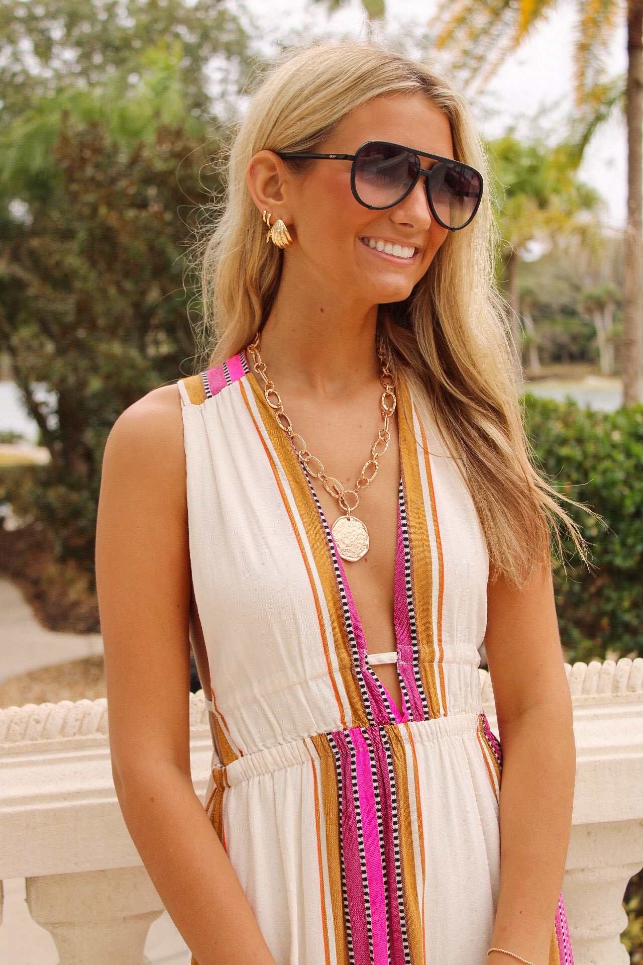 Lola Stripe Deep V-Neck Sleeveless Tie Back Ruffle Hem Maxi Dress - Natural