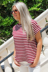 Gathering Around Stripe Knit Top - Burgundy