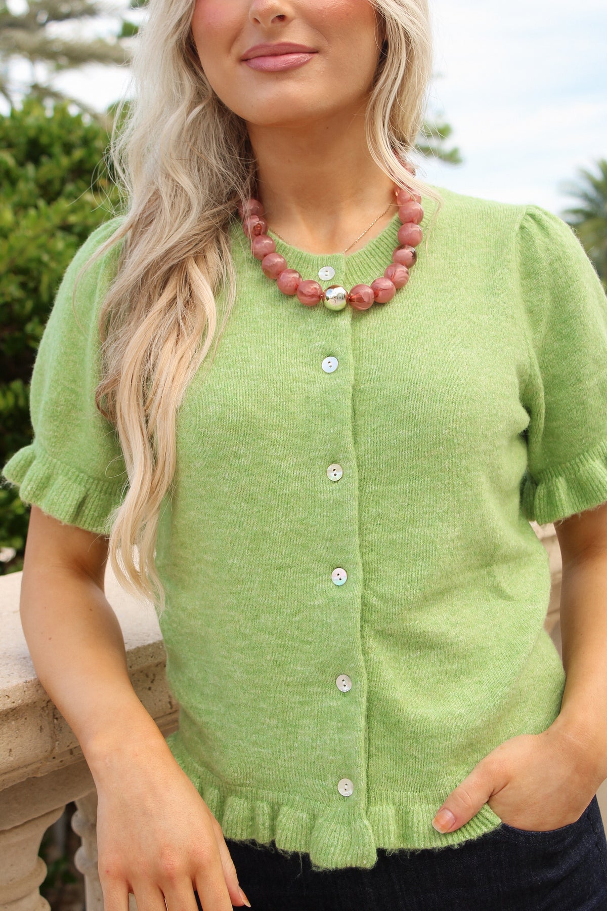 The Darling Detail Ruffle Cardigan - Avocado