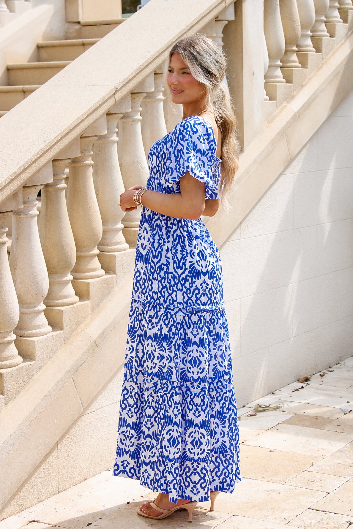 Capri Coast Puff Sleeve Smocked Maxi Dress - Blue