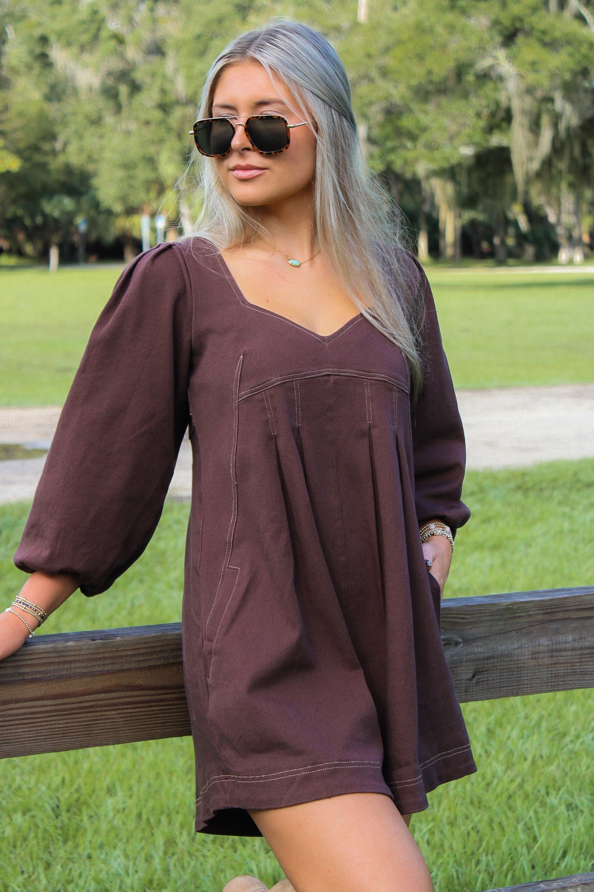 Saddle Ridge Puff Sleeve Romper - Brown