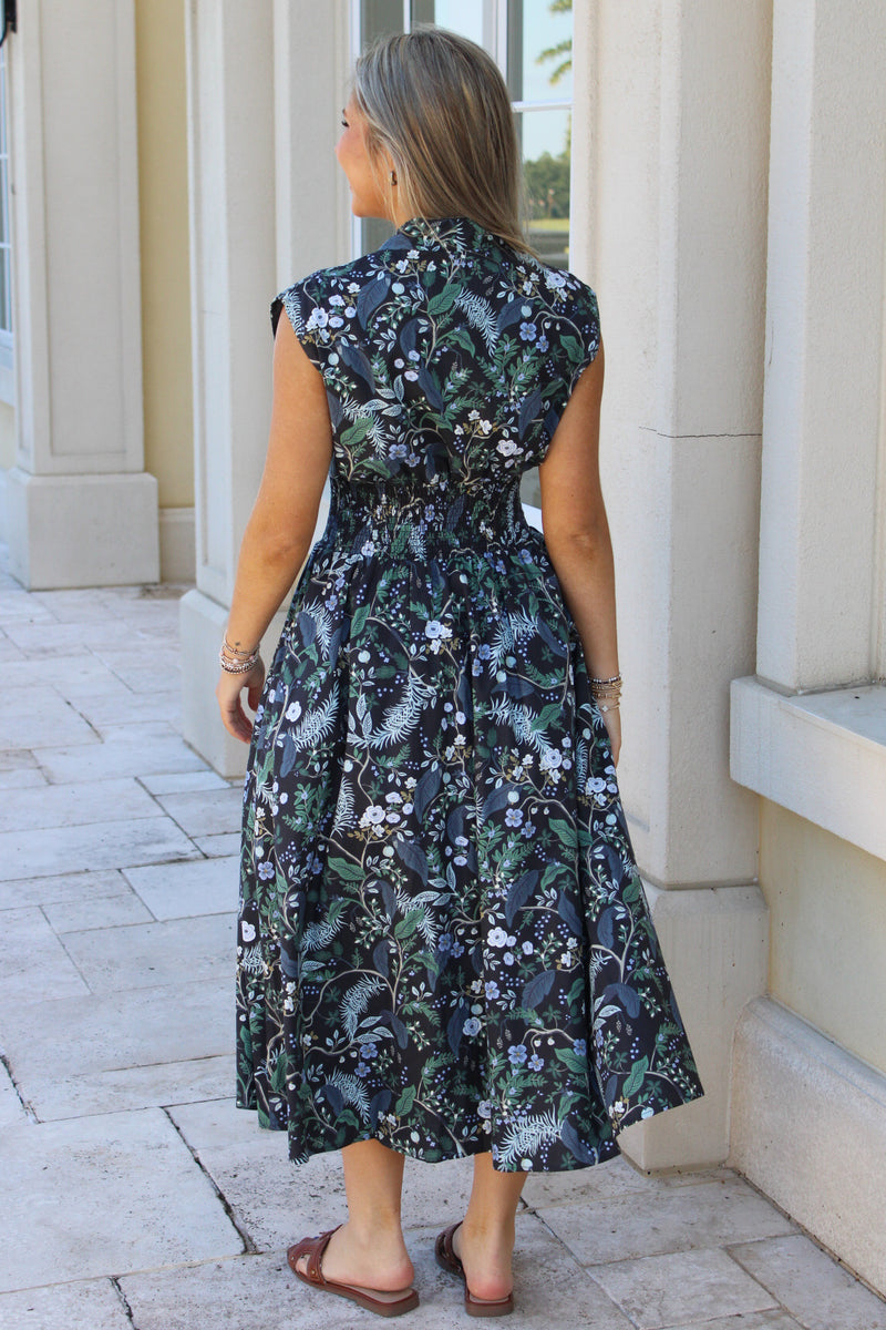 Autumn Drift Smocked Midi Dress - Navy