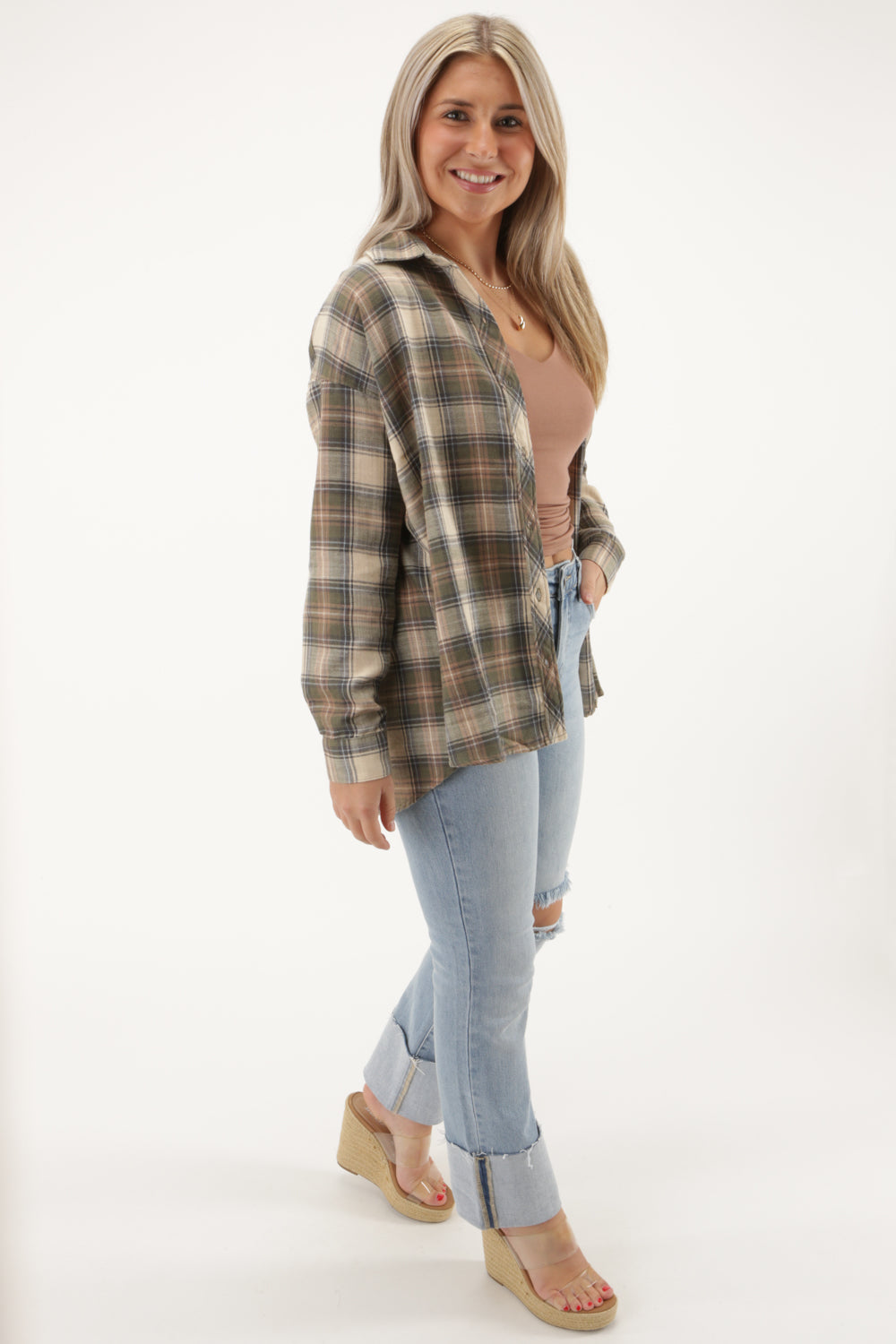 Easy Autumns Days Flannel Top - Olive | Makk Fashions