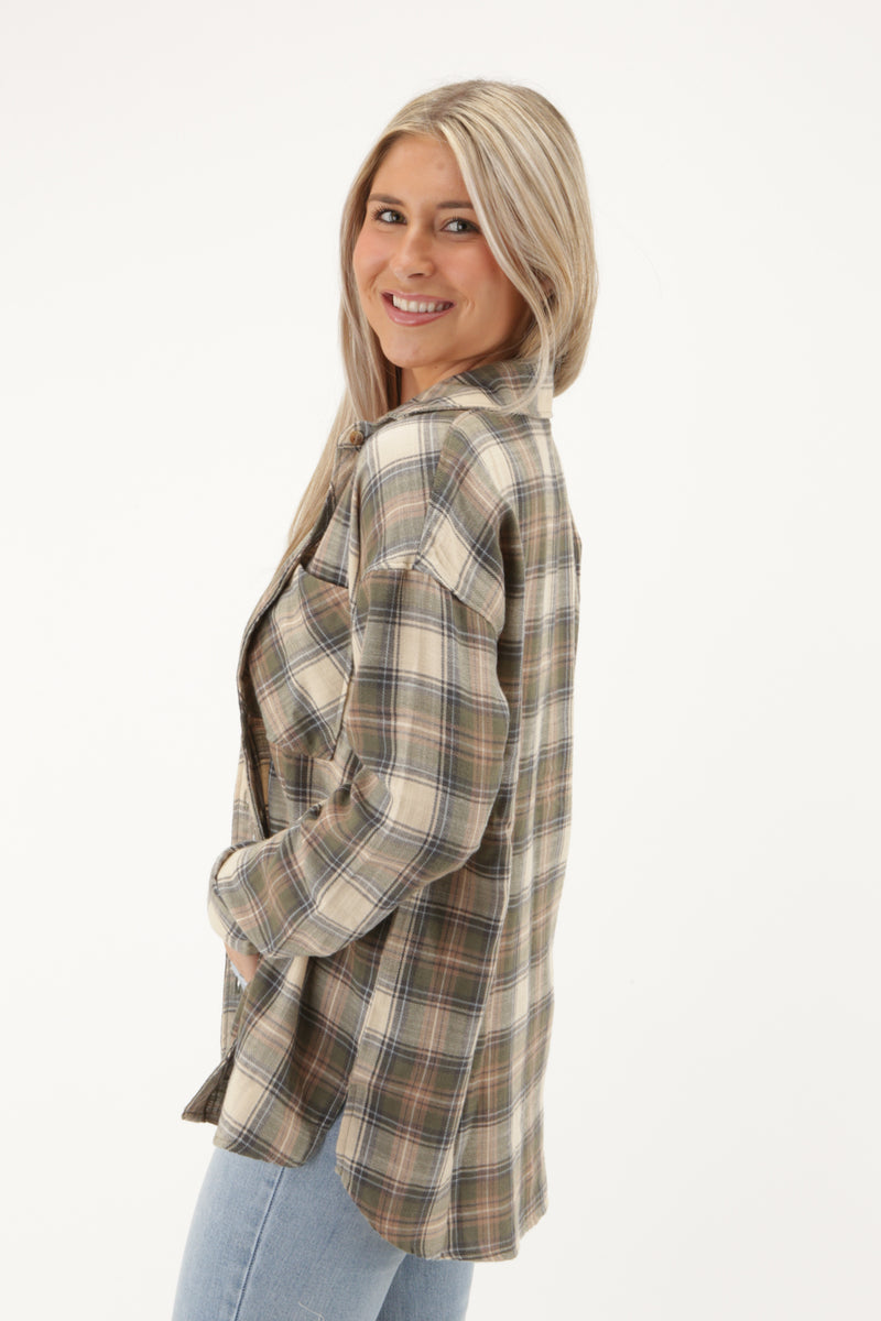 Easy Autumns Days Flannel Top - Olive | Makk Fashions