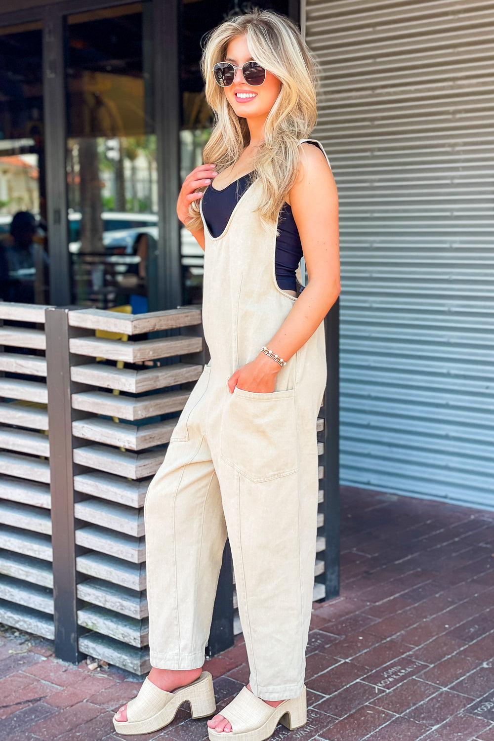Easy Comforts Mineral Washed Jumpsuit - Taupe | Makk Fashions